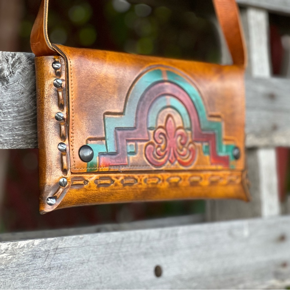Vintage Hand-Tooled Flor de Lis Leather Bag Clutch or Shoulder Bag